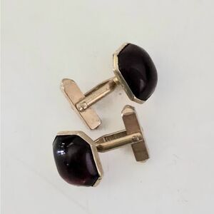 Swank men's cuff links gold color metal dark red stone
